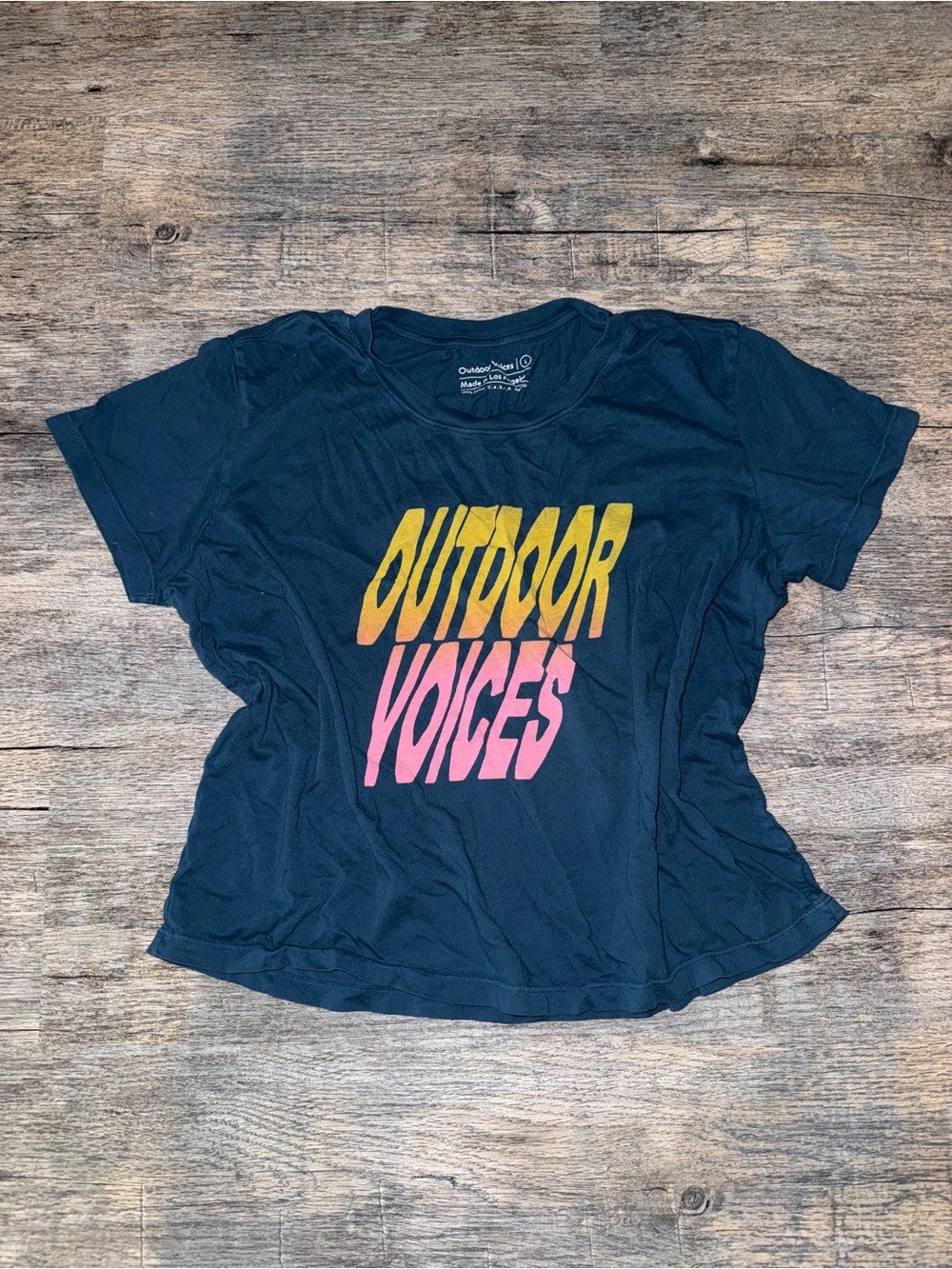 Outdoor Voices Navy Short-Sleeve Tee with Yellow-to-Pink Logo